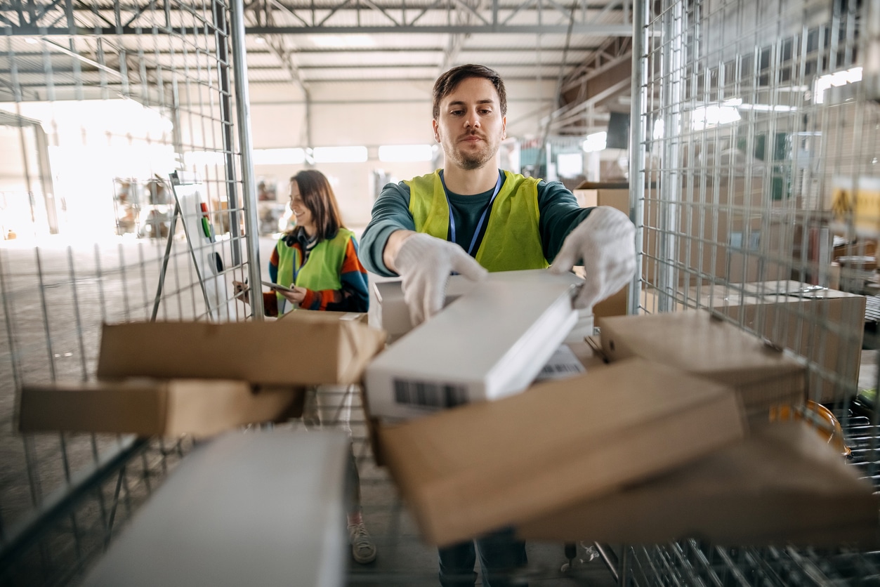two warehouse workers sorting through packages