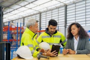 Warehouse manager sharing delivery schedules with team in the warehouse in front of a shelf rack to determine the warehouse operations process.